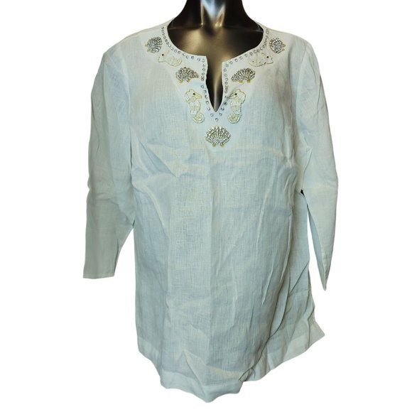 TALBOTS Womens 1X White Gold Embroidered Shells Linen Notch Neck Tunic Top - Picture 1 of 4
